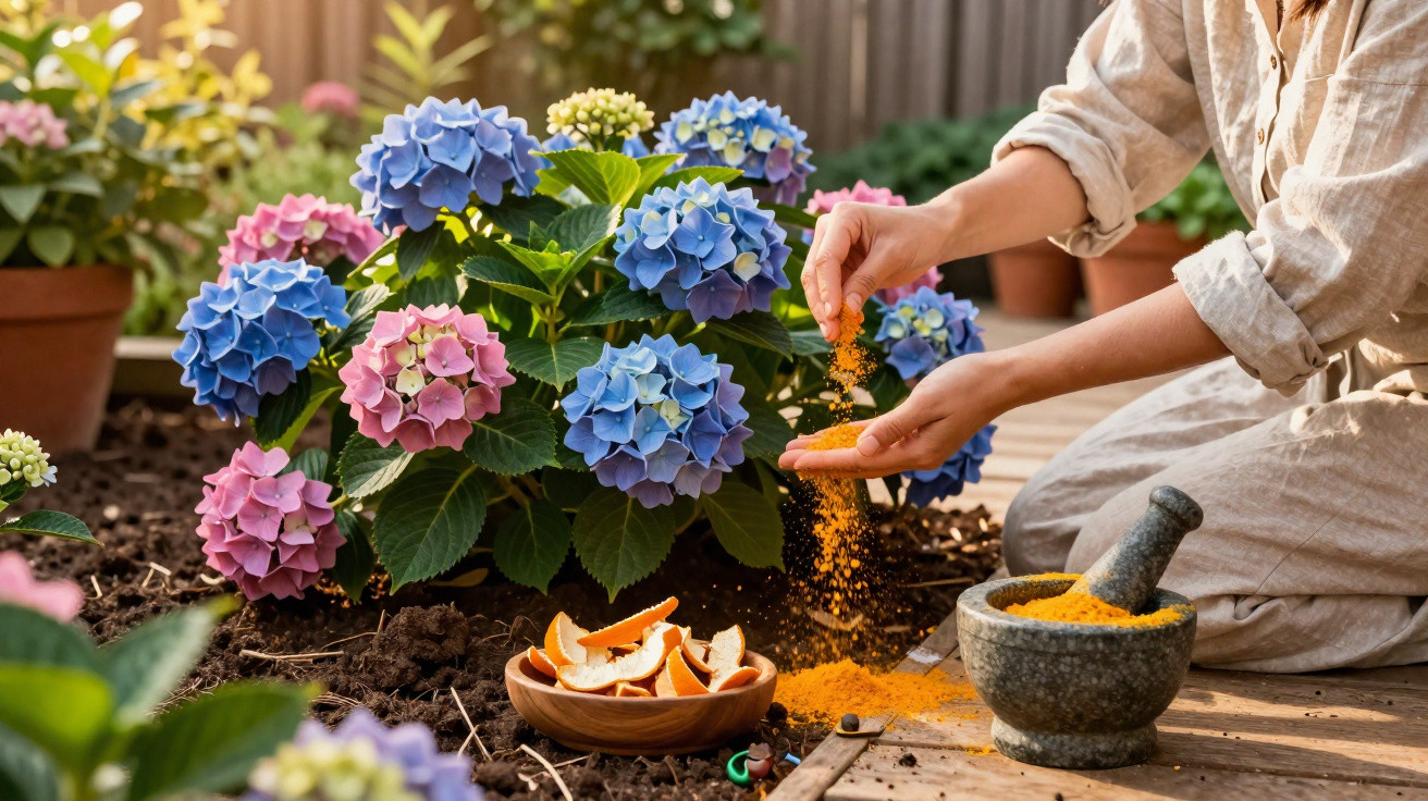 Person sprinkling orange powder from a mortar onto soil near blooming pink and blue hydrangea plants in garden.