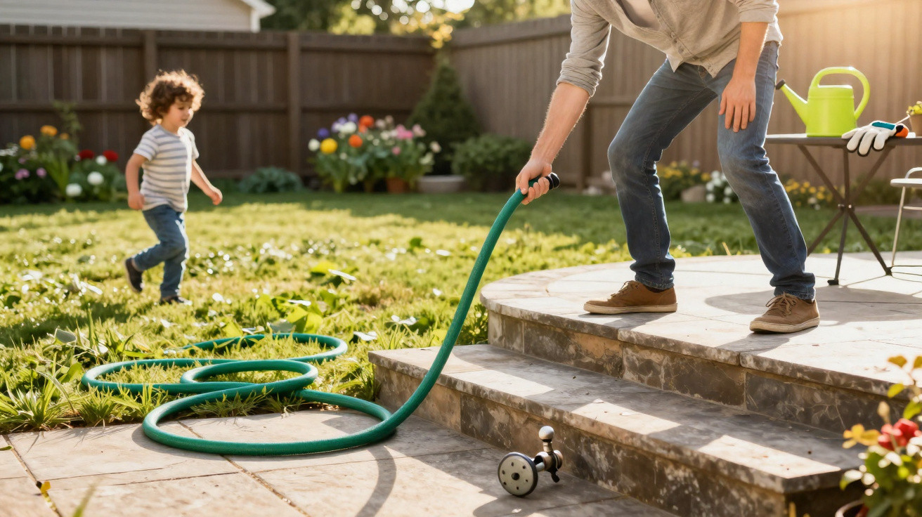 Adult holding garden hose while child runs on lawn in sunny backyard with flowers and fence