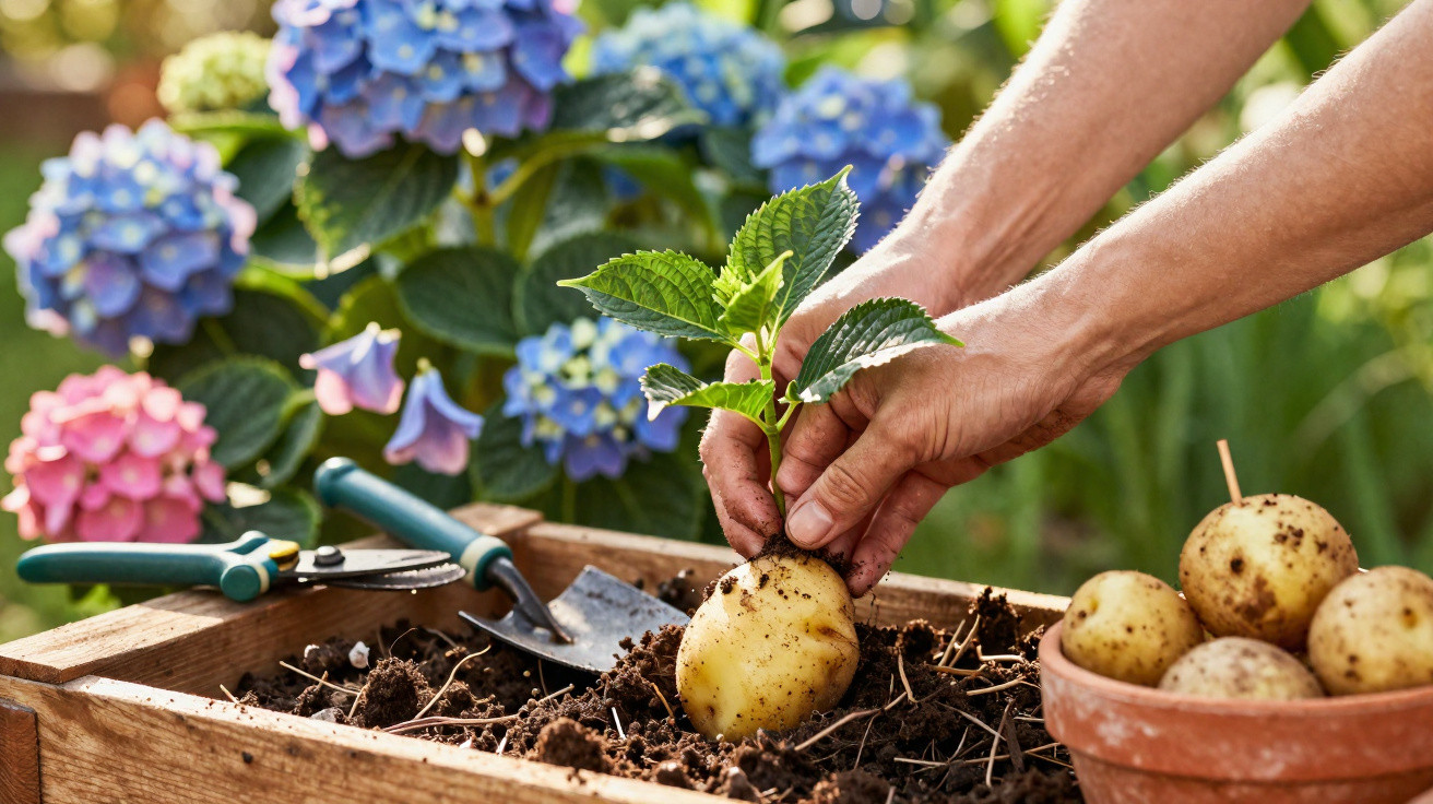 Hands planting a sprouting potato in soil with garden tools and blooming hydrangeas in the background.