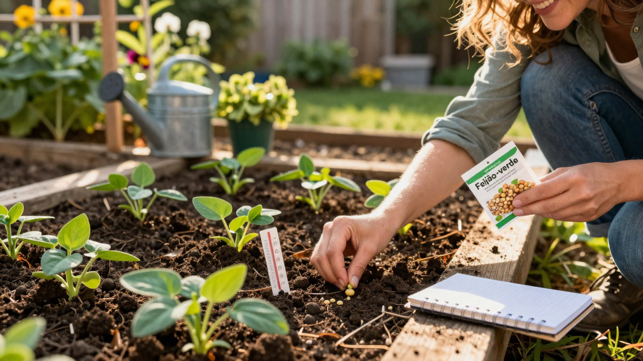 Person planting green bean seeds in a raised garden bed with young plants and gardening tools nearby.