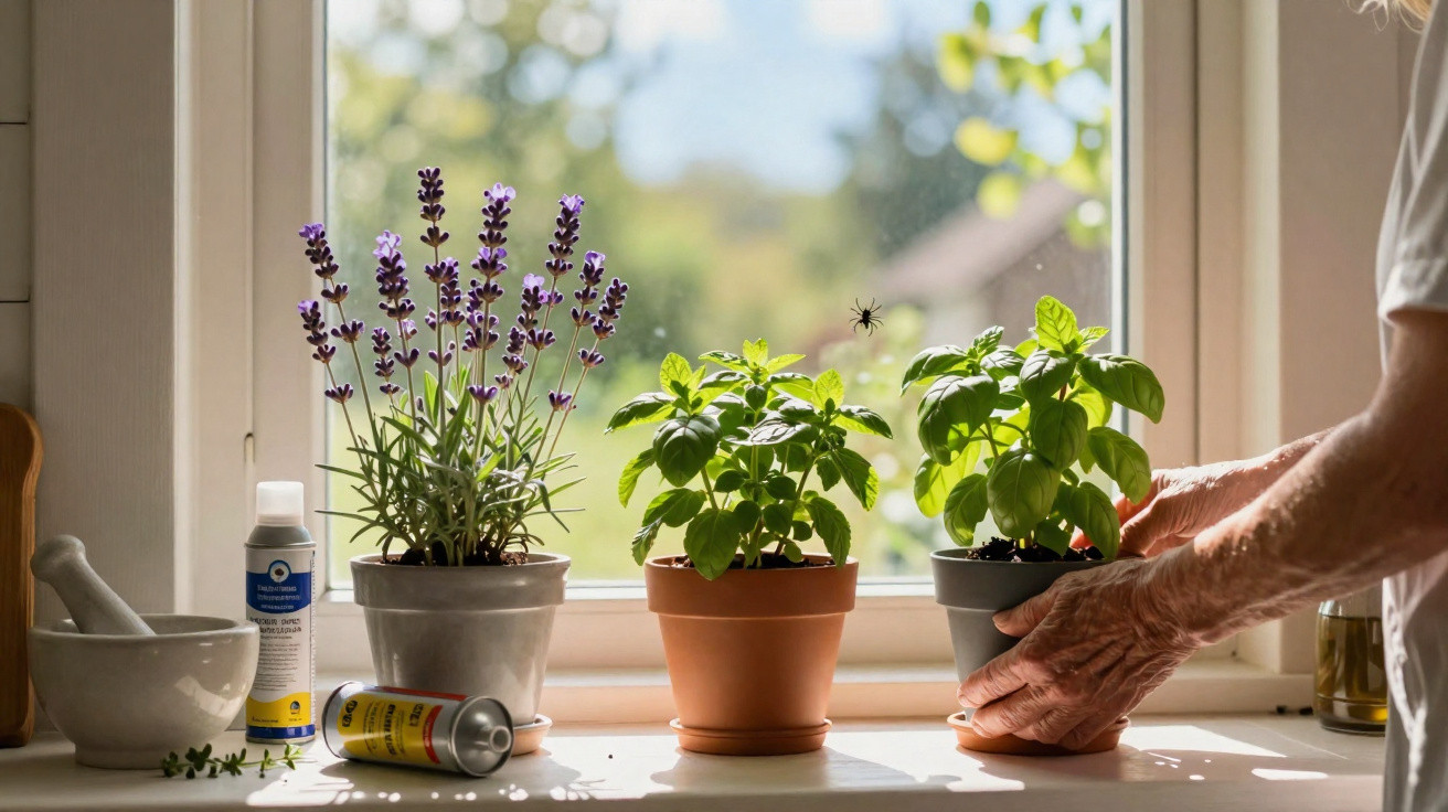 Potted lavender and basil plants on a windowsill with an elderly person tending to them and a spider on the glass.