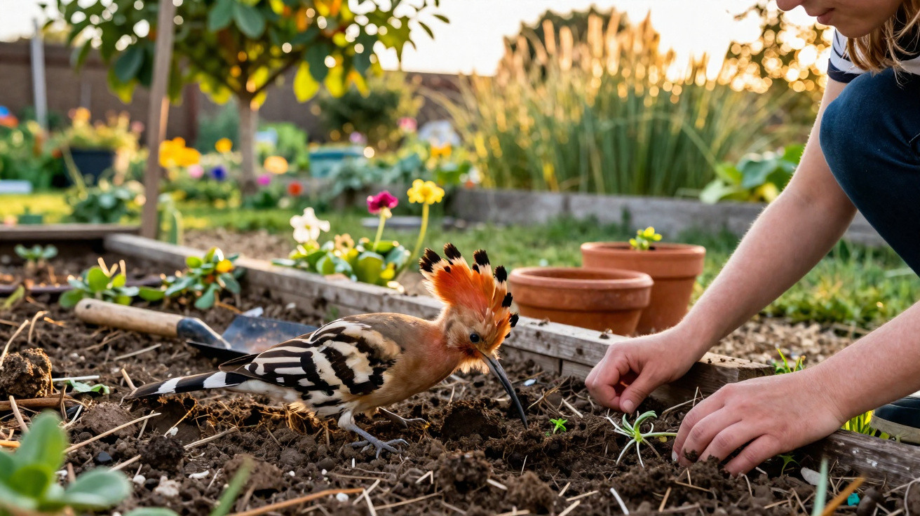 A person gardening while a colourful hoopoe bird pecks the soil in a flower bed at sunset.