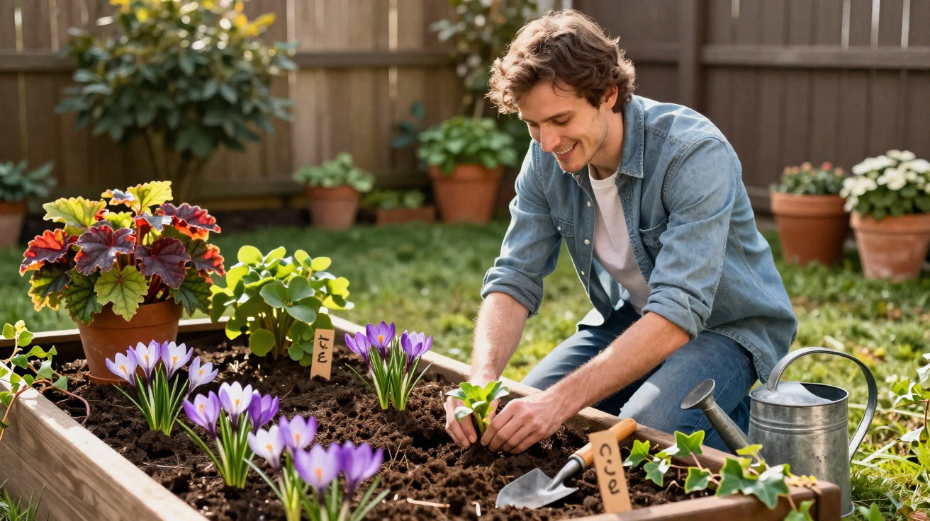 Man smiling while planting flowers in a raised garden bed in a sunny backyard.