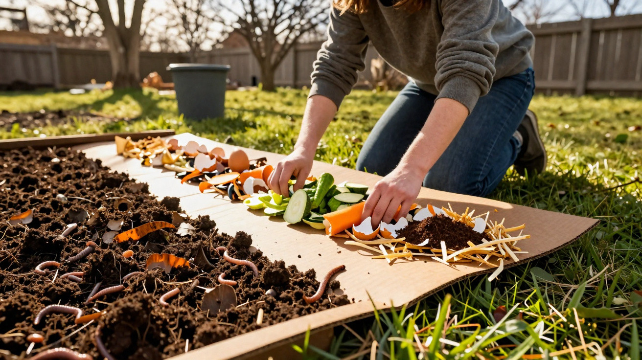 Person kneeling outdoors preparing a compost pile with food scraps, soil, and earthworms on cardboard.