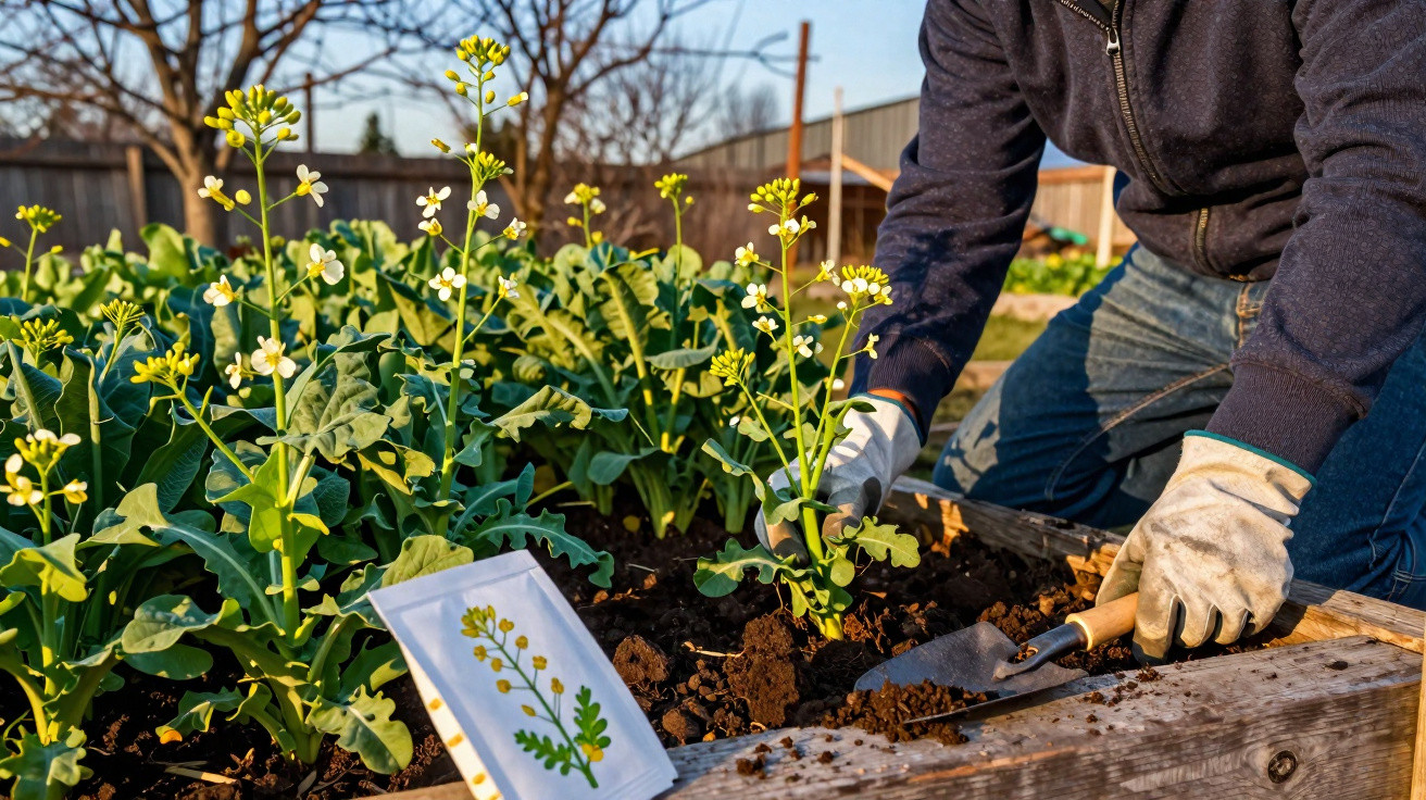 Person wearing gloves planting yellow flowering plants in a raised garden bed outdoors at sunset.