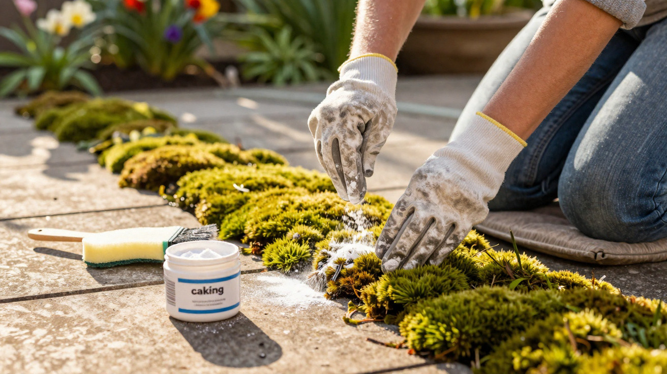Person wearing gloves sprinkling powder over moss in a garden, with a brush and container nearby on stone tiles.