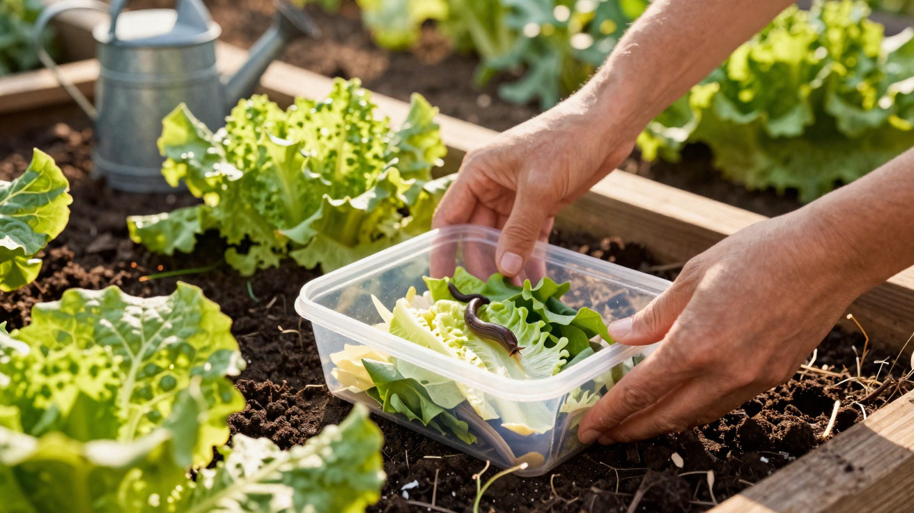 Hands placing a plastic container with lettuce and a large slug in a raised garden bed with leafy greens.