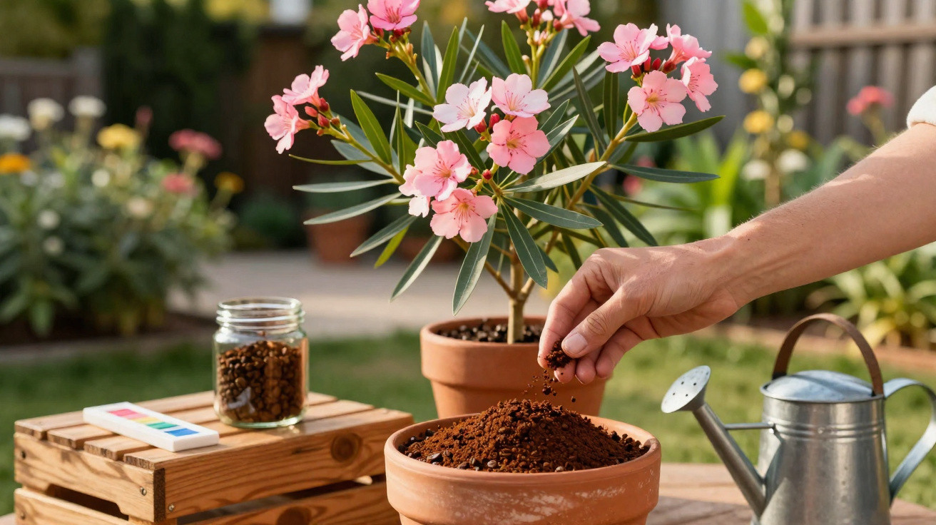 Hand adding soil to a terracotta pot with pink flowering plant, with watering can and jar in garden setting.