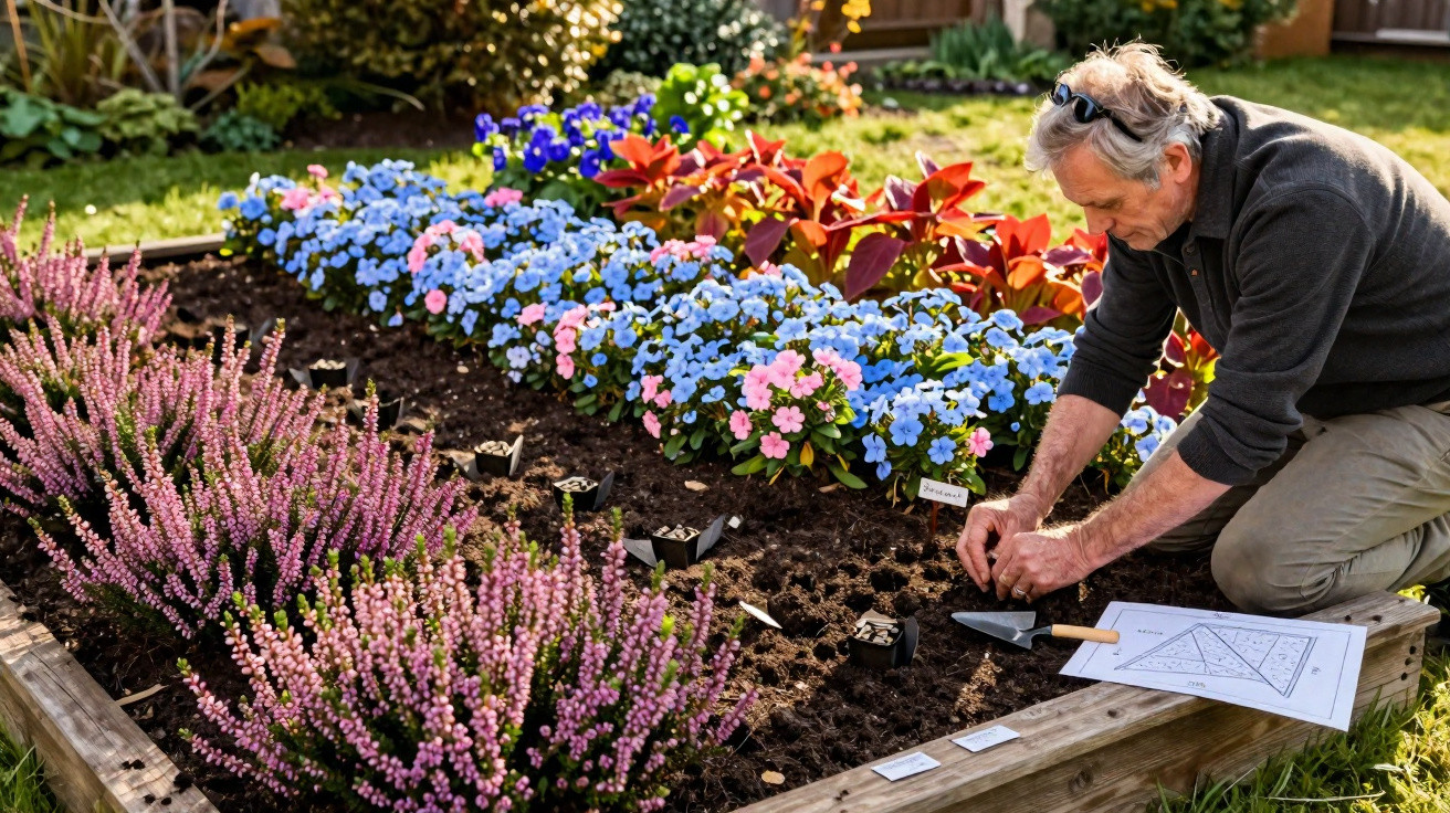 Man kneeling and planting flowers in a raised garden bed with gardening plan and trowel nearby.