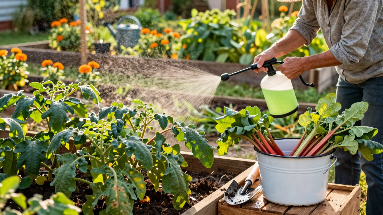 Person spraying water on vegetable plants in a raised garden bed with gardening tools nearby.
