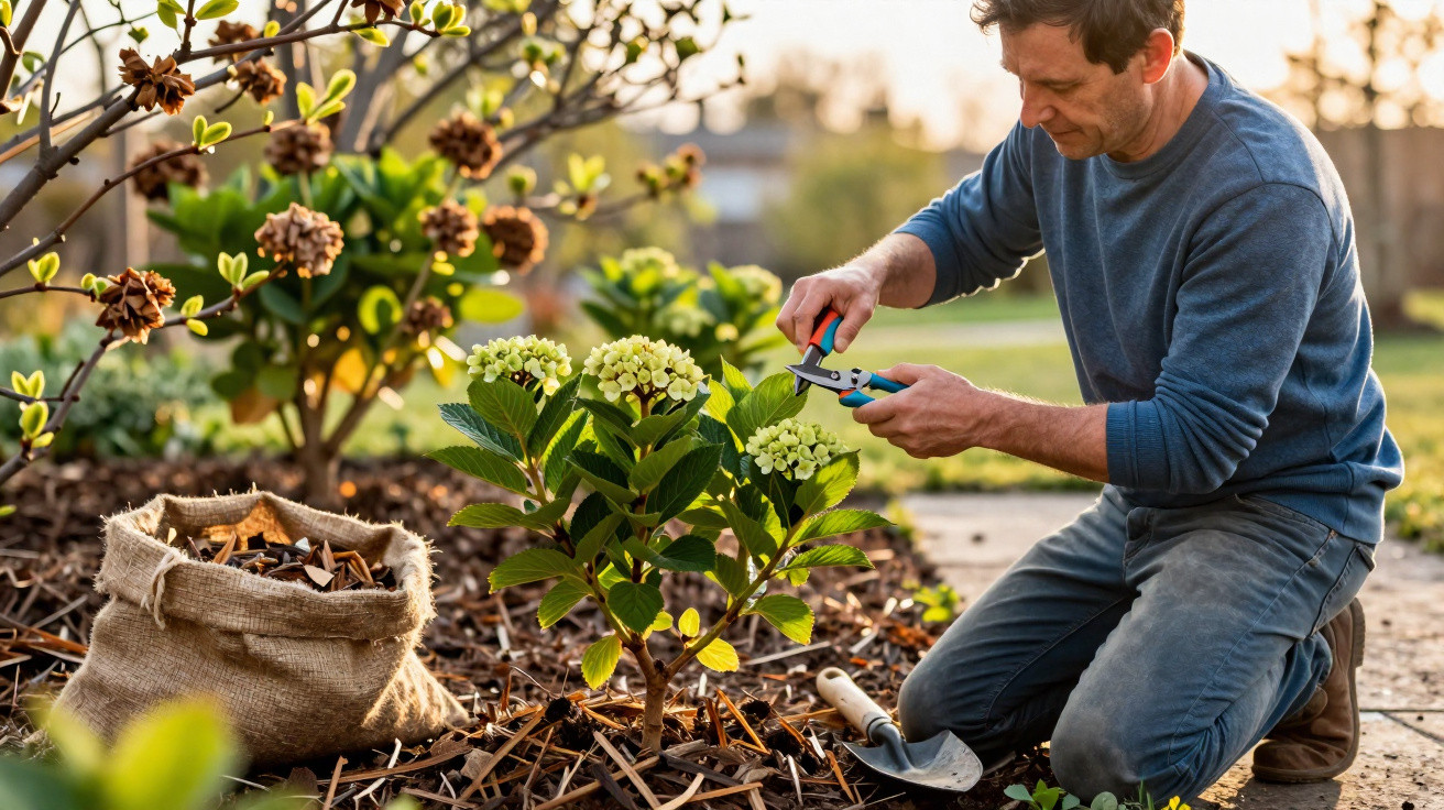 Man pruning hydrangea flowers in a garden, kneeling on soil with gardening tools and a sack of mulch nearby.