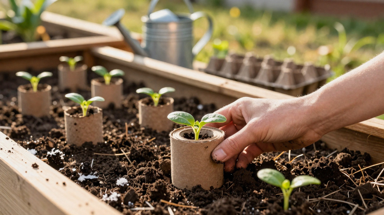 Hand placing a seedling in a biodegradable pot on soil in a wooden planter box outdoors.