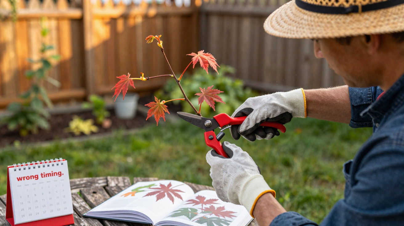 Person wearing gloves and a hat pruning red maple leaves with garden shears near a calendar and book.