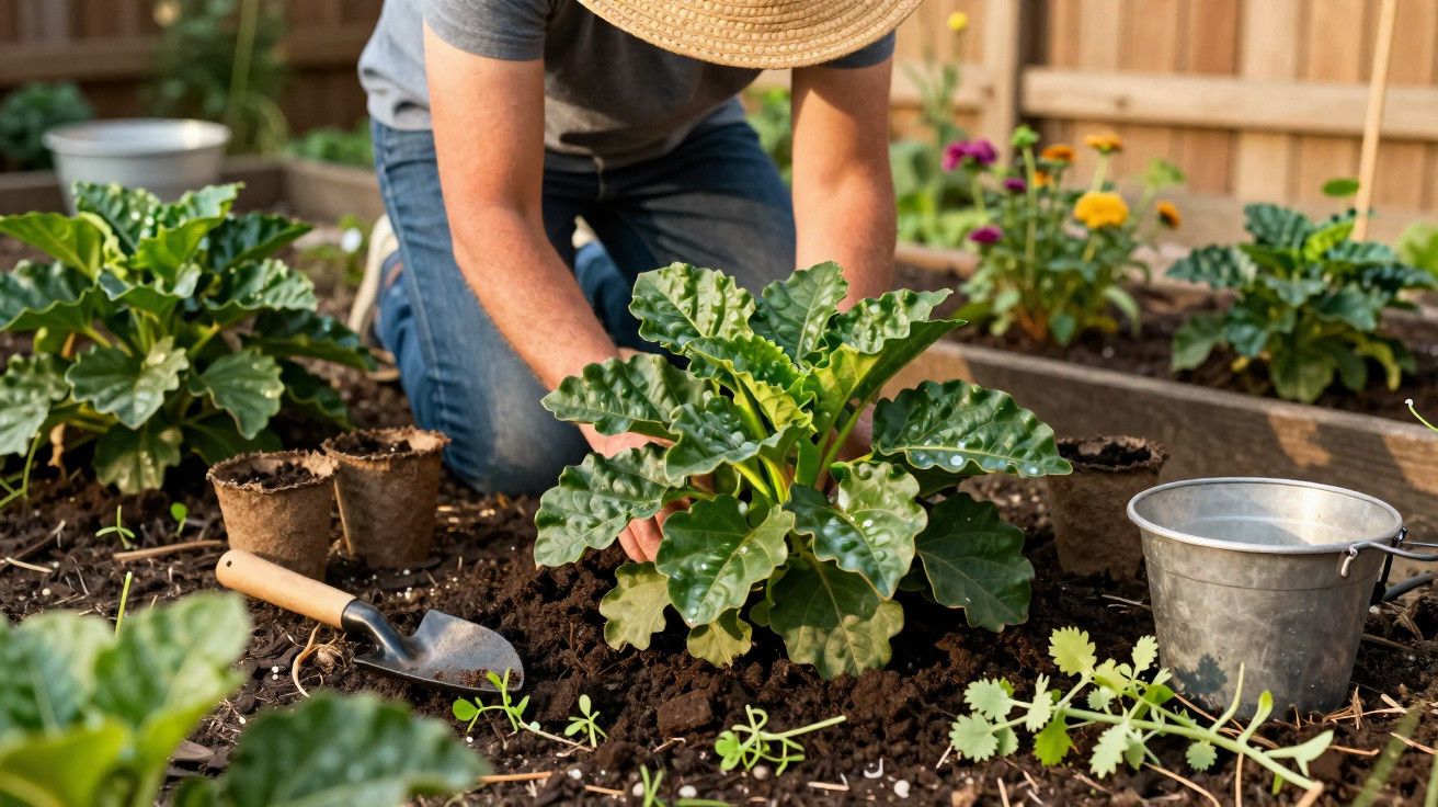 Person wearing a straw hat planting leafy green vegetables in a garden bed with gardening tools nearby