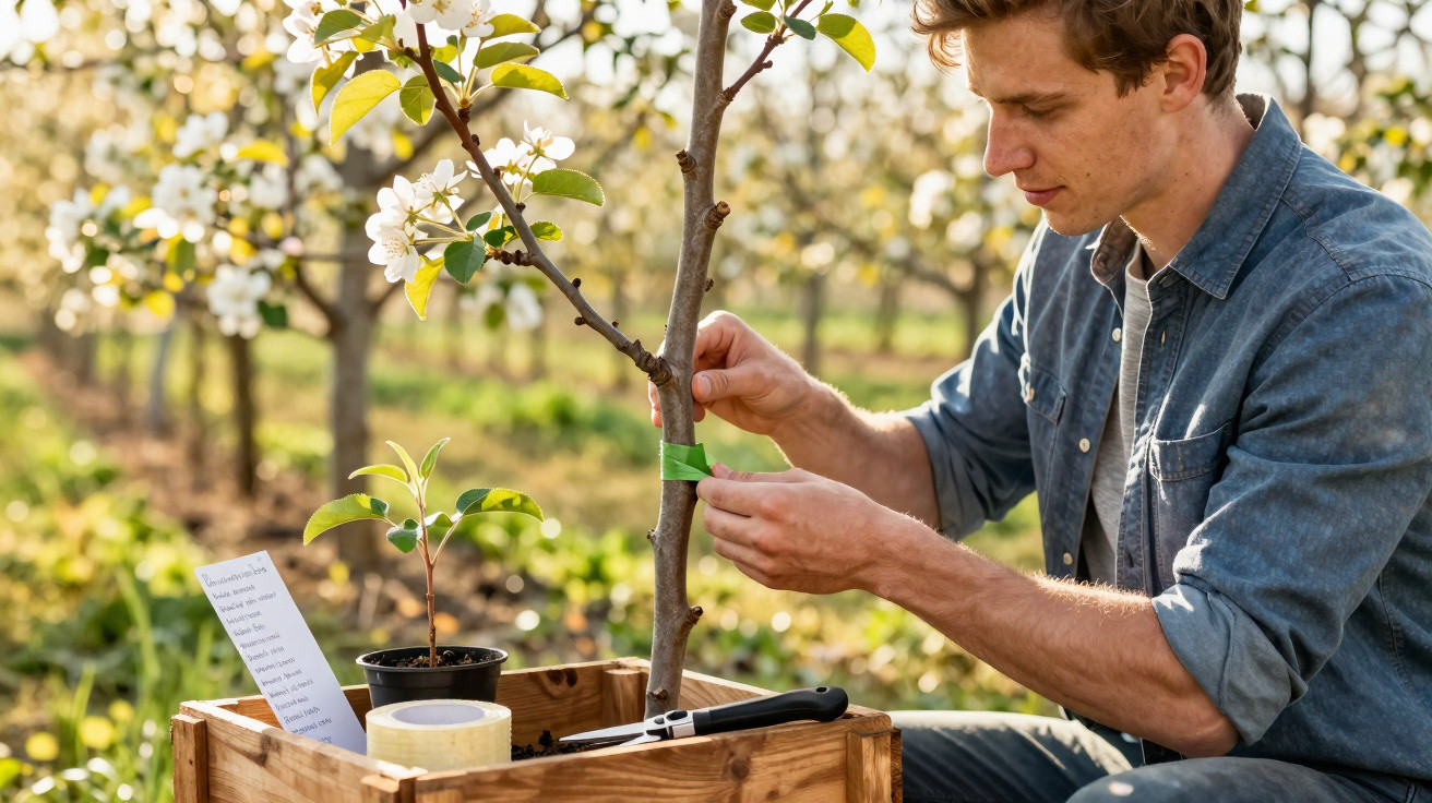 Man tying a green ribbon around a young blossoming tree in a wooden crate outdoors.