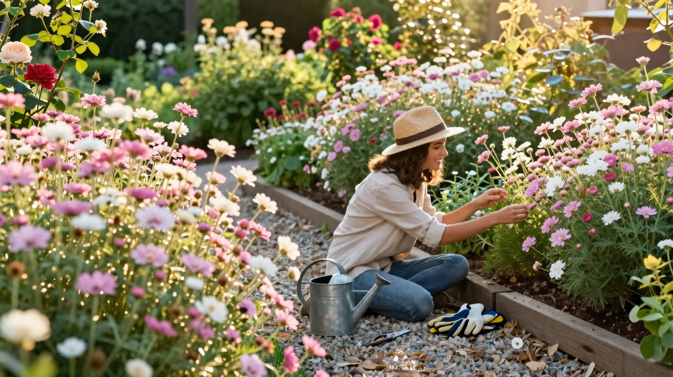 Woman wearing a hat tending to pink and white flowers in a sunlit garden with gardening tools on the ground.