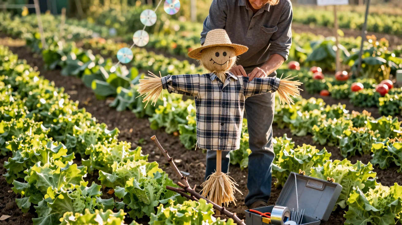 Person adjusting a smiling scarecrow in a vegetable garden with green lettuce plants and gardening tools.