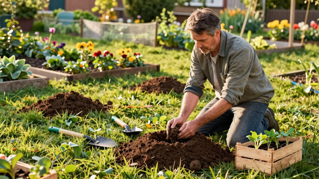 Man kneeling on grass planting seedlings in soil with gardening tools and flower beds around him in a garden.
