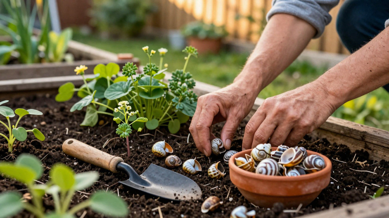 Hands placing decorative snail shells in a garden bed with plants and a gardening trowel nearby.