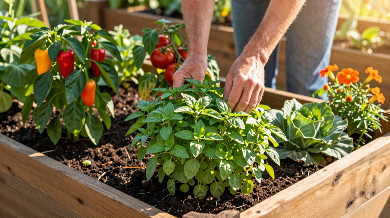 Hands tending to basil plant growing in a raised wooden garden bed with peppers, tomatoes, and flowers.