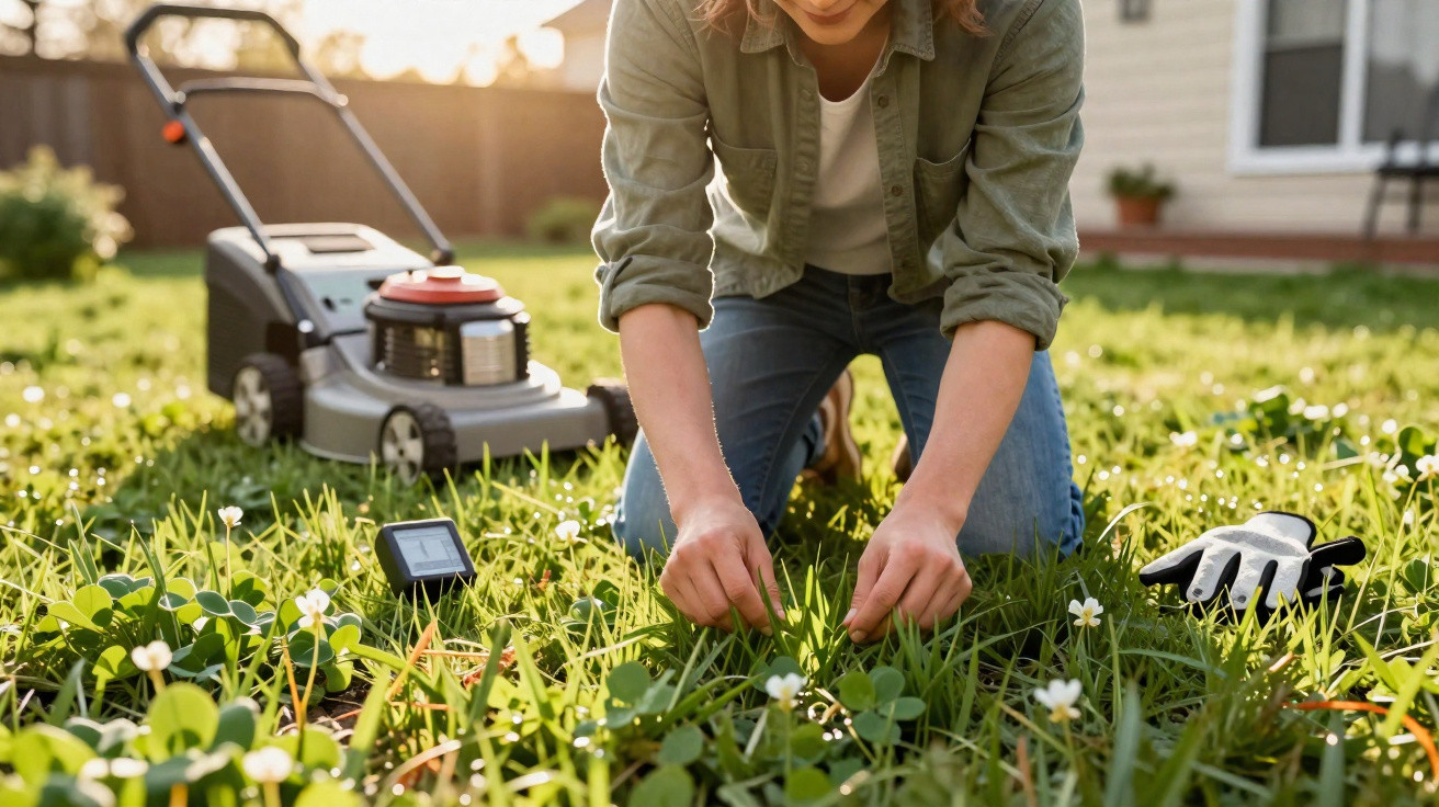 Person kneeling on grass weeding a garden with lawn mower and gardening gloves nearby in daylight
