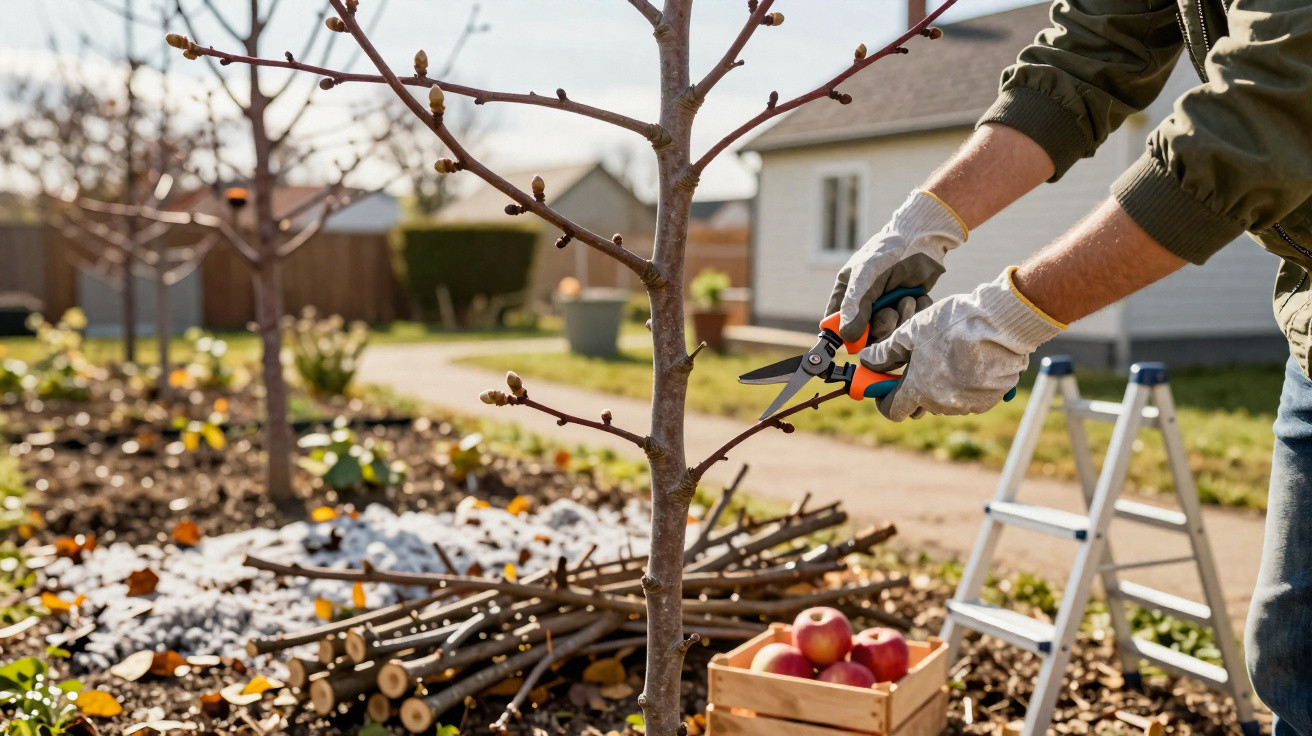 Person pruning branches from a young apple tree in a garden with a wooden crate of apples nearby.