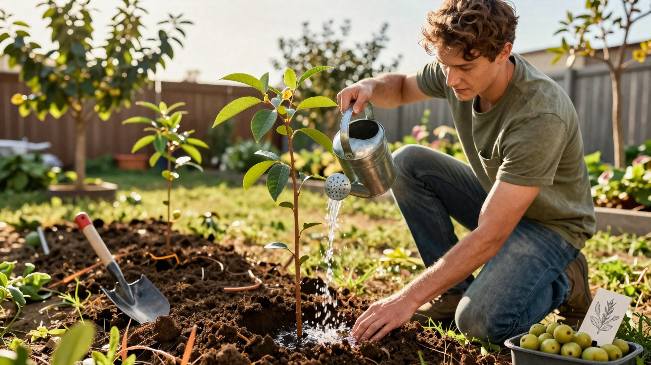 Young man watering a newly planted sapling in a sunny garden with gardening tools nearby.