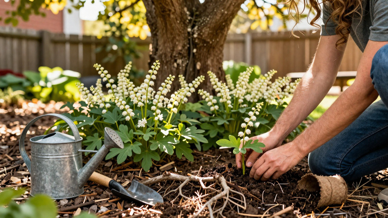 Person planting white lily of the valley flowers in garden soil next to a tree with watering can and trowel nearby