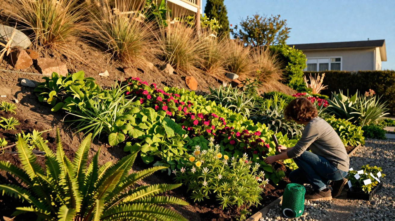 Person planting vibrant flowers on a sunlit garden slope near residential houses.