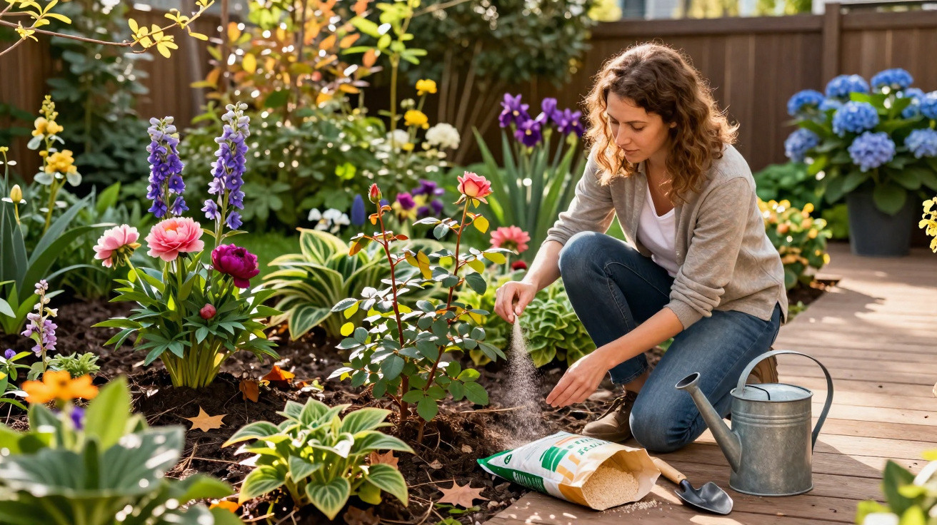 Woman sprinkling fertiliser on a flowerbed in a colourful garden on a sunny day.