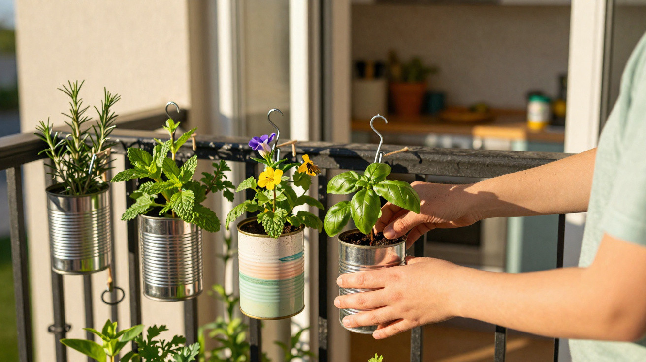 Hands tending to herb and flower plants in tin cans hanging on a balcony railing in sunlight