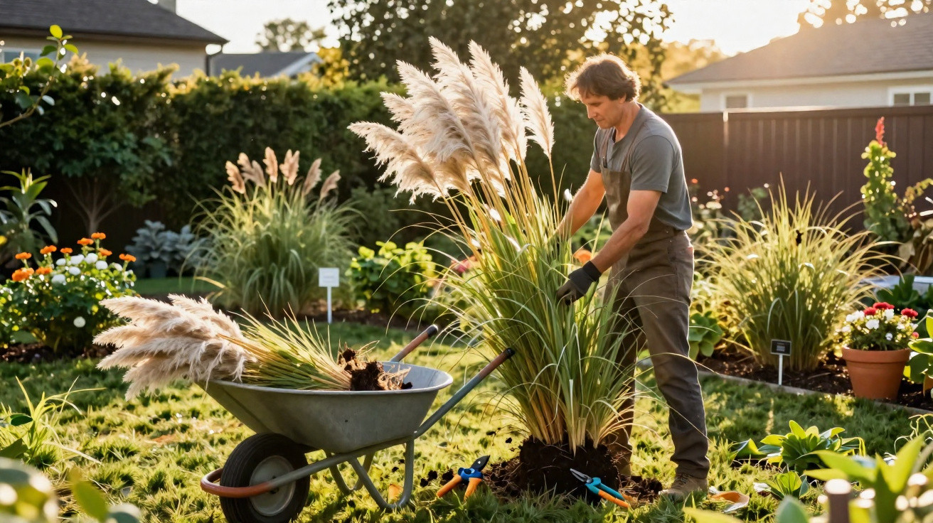 Man transplanting pampas grass into a garden with tools and a wheelbarrow in late afternoon sunlight.