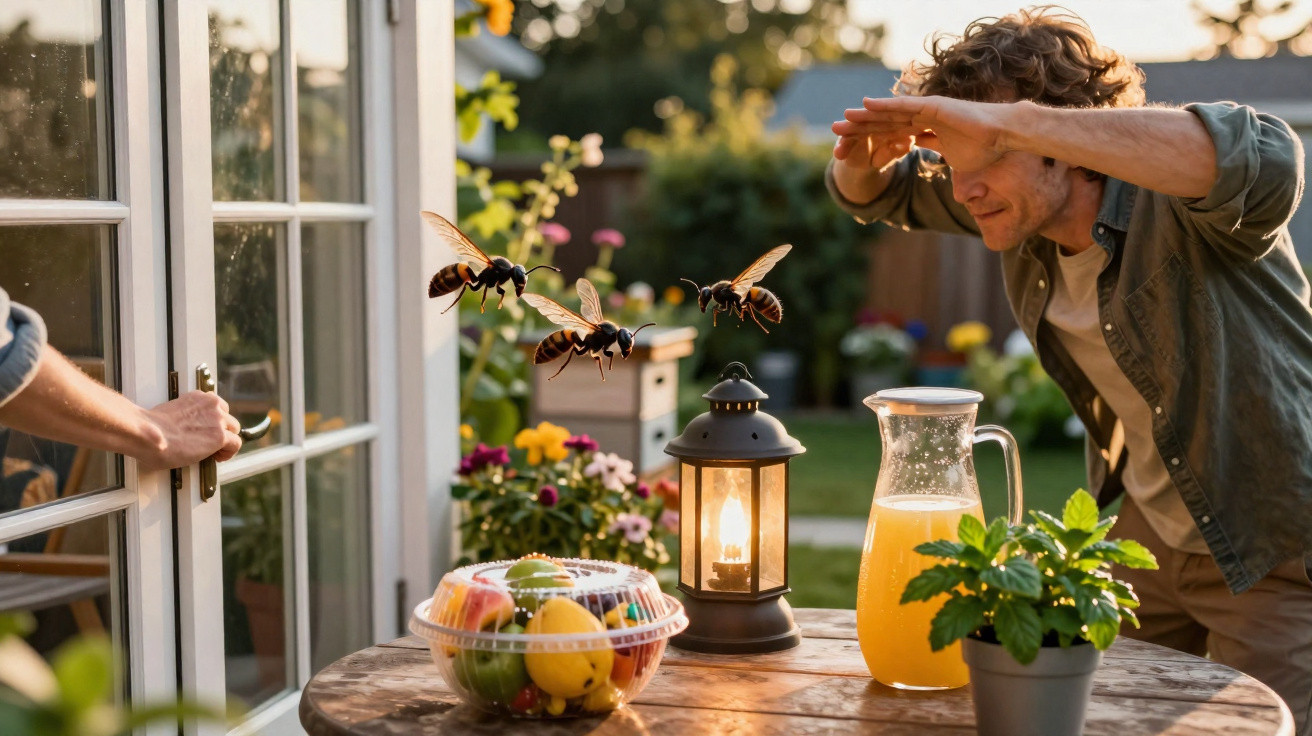 Man shielding eyes from large wasps flying near a table with fruit and orange juice in a garden.