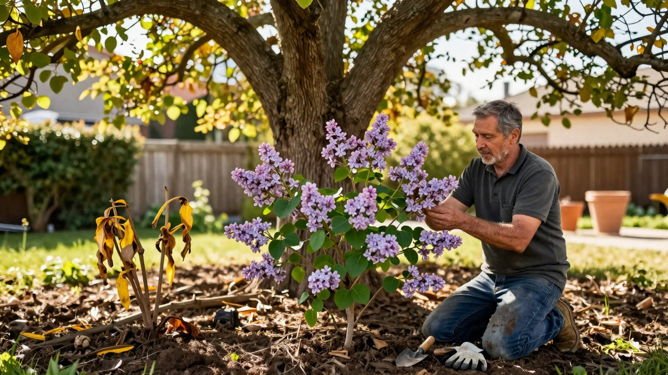 Man kneeling in garden tending to a lilac bush under a large tree on a sunny day.