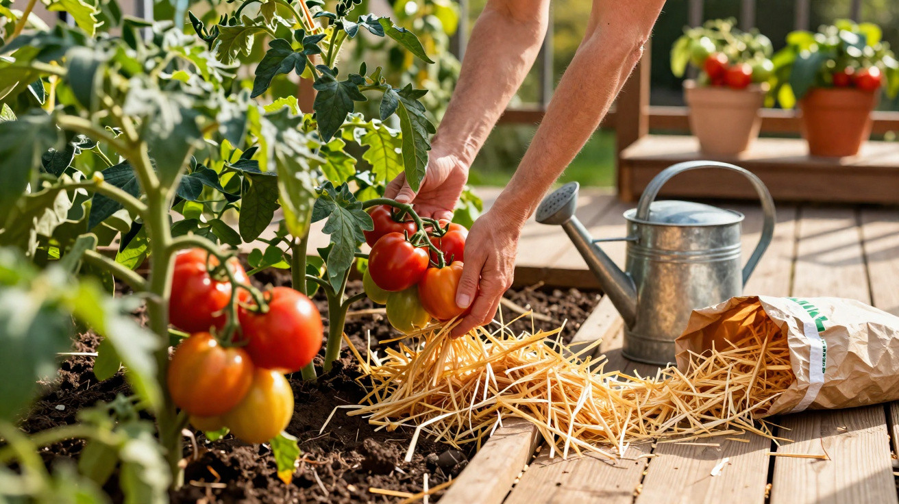 Hands harvesting ripe tomatoes in a garden with straw mulch and a watering can on wooden decking.