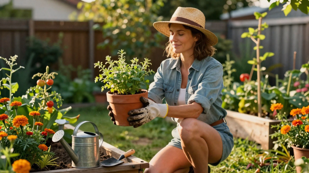 Woman wearing a straw hat gardening, holding a potted plant in a sunlit garden with flowers and vegetables.