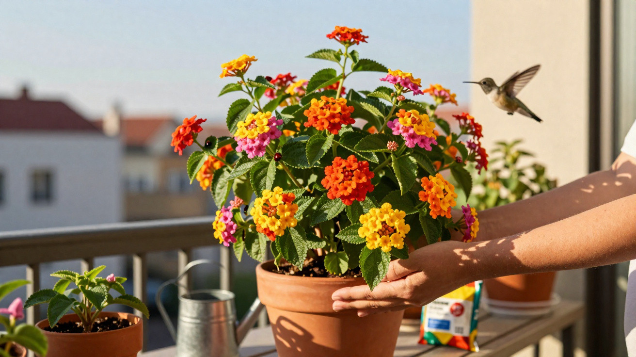 Hands holding a terracotta pot with colourful flowers while a hummingbird hovers nearby on a sunny balcony.