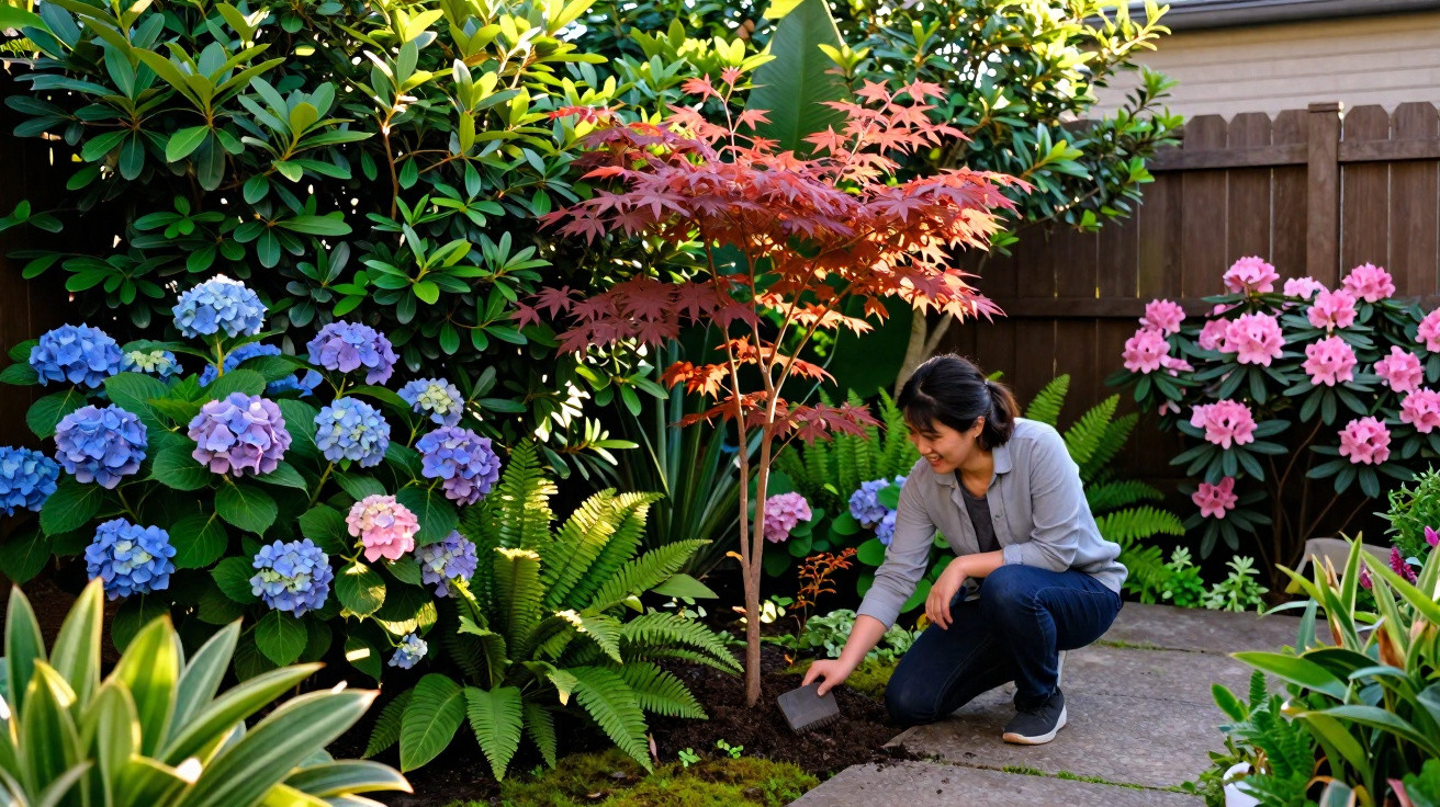 Person planting a small tree in a vibrant garden with hydrangeas and pink flowers by a wooden fence.