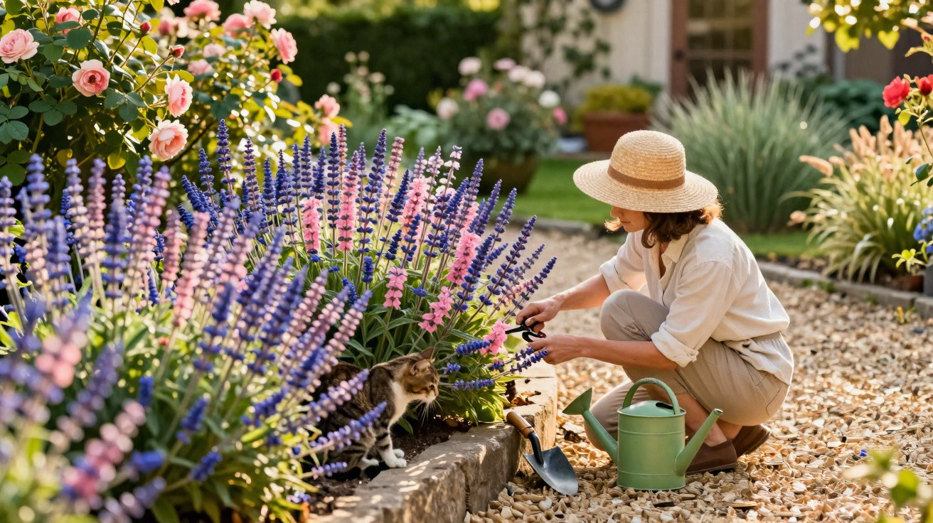 Woman in a straw hat tending lavender and pink flowers with a cat nearby in a sunny garden path.