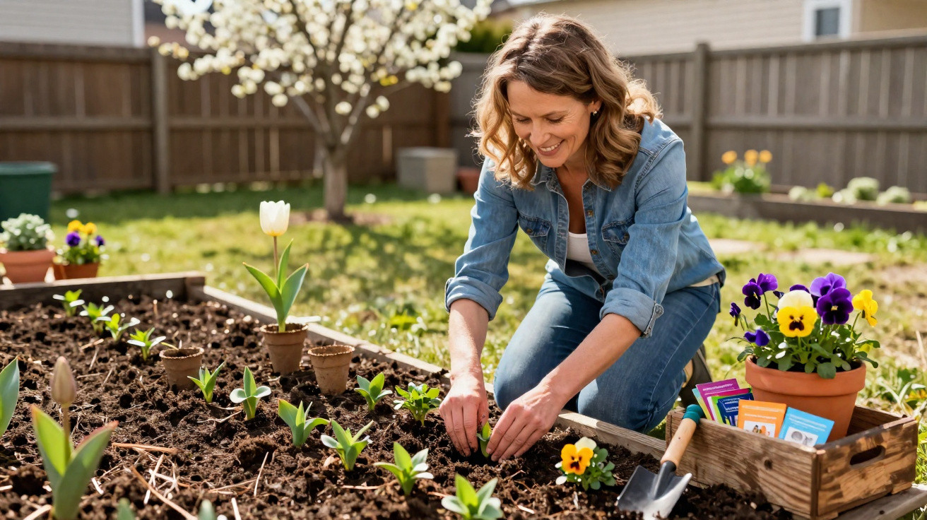 Woman planting seedlings in a garden bed on a sunny day with flowers and seed packets nearby.