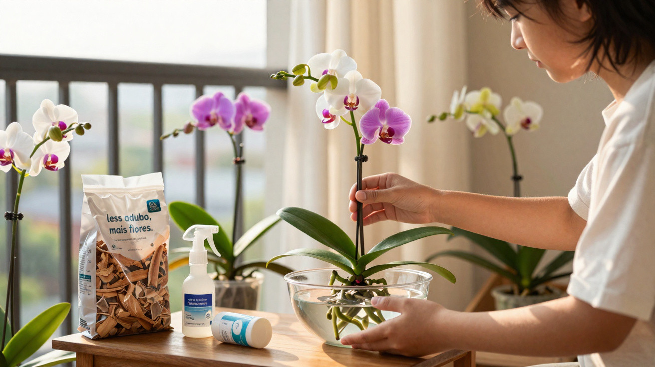 Person repotting a pink and white orchid in a clear glass bowl on a wooden table near a window.