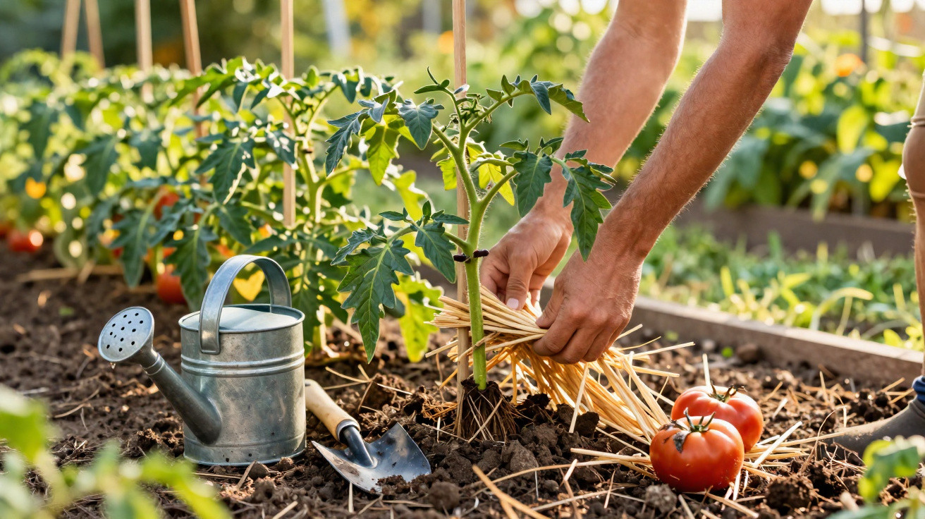 Hands tying a tomato plant to a stake with straw mulch nearby in a sunlit vegetable garden.