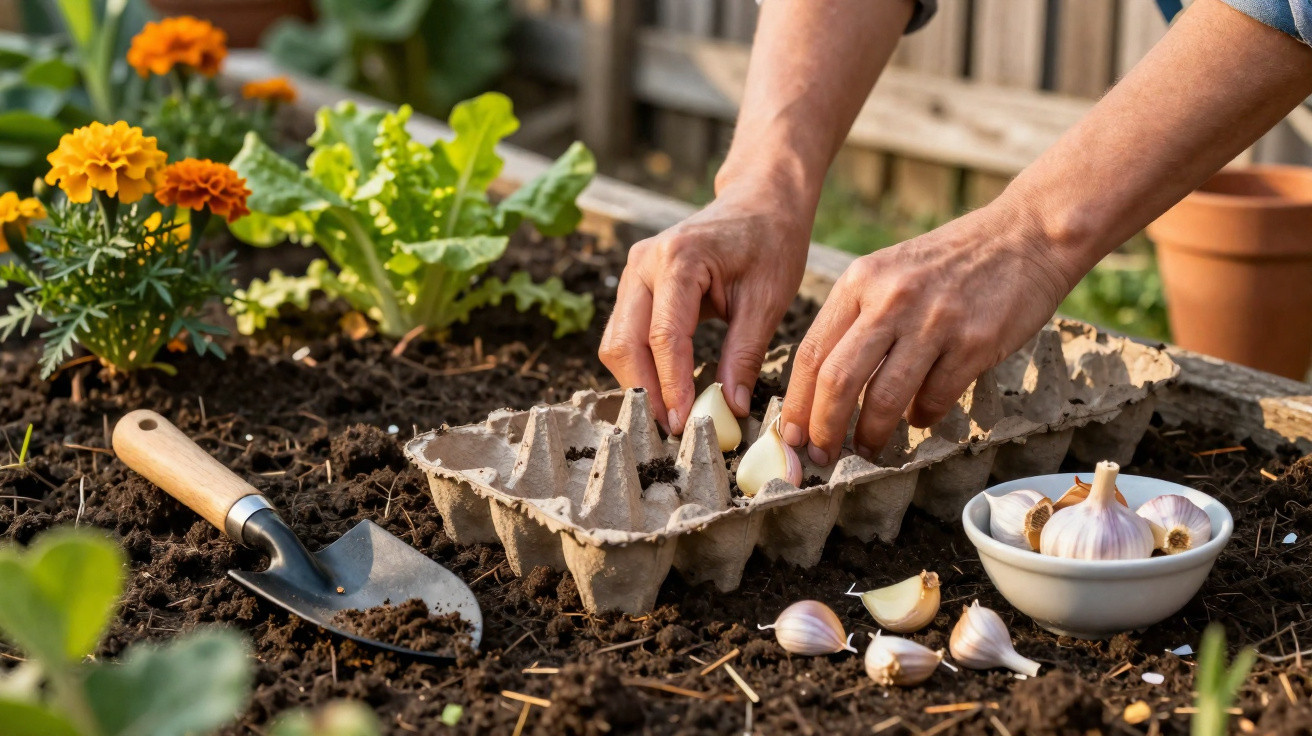 Hands planting garlic cloves in an egg carton on soil with gardening tools and flowers nearby