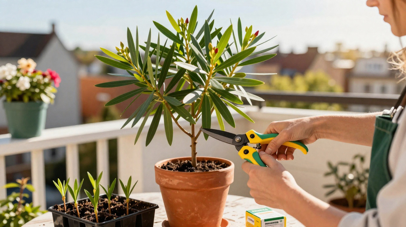 Person pruning a potted plant with yellow and green gardening shears on a sunny balcony.