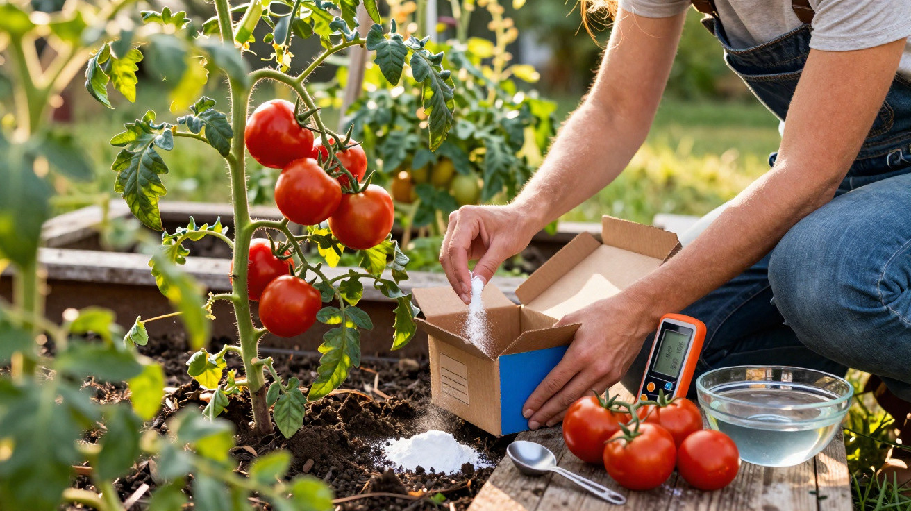 Person adding white powder to soil near ripe tomatoes in a garden, with a moisture meter and water bowl nearby.