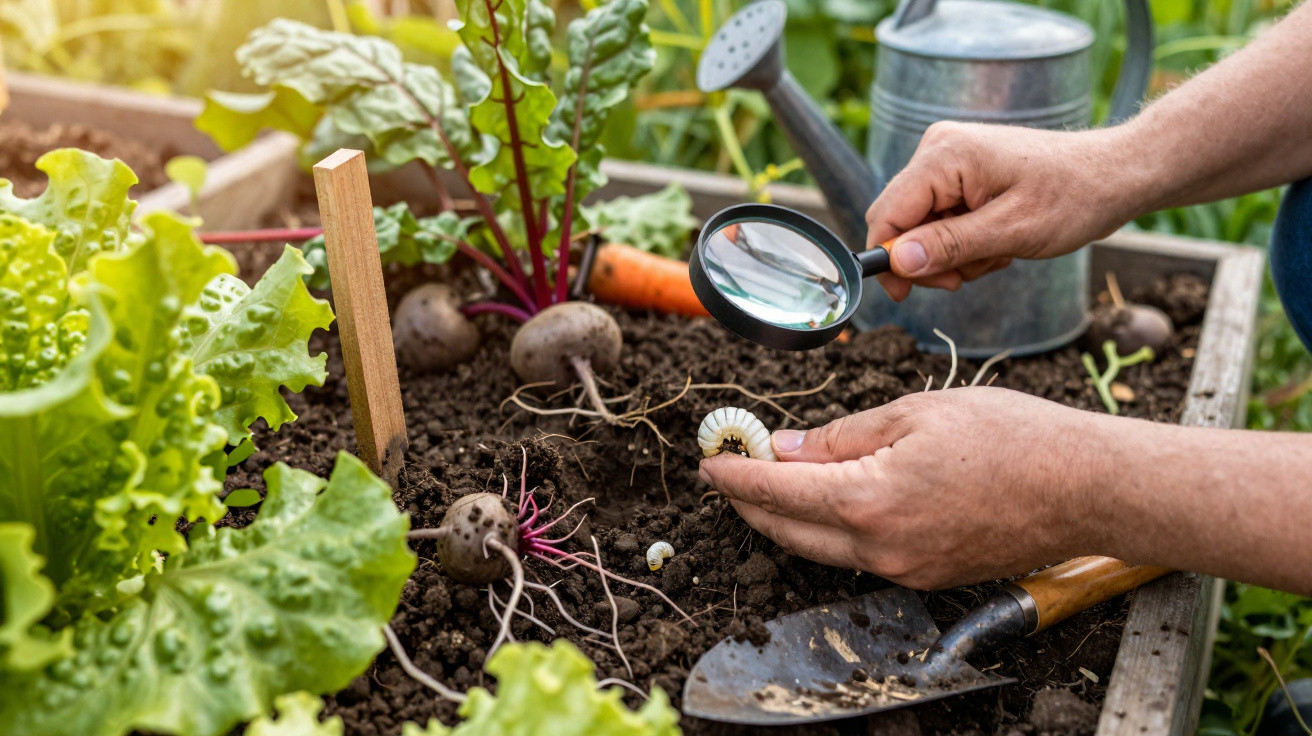 Hands holding a magnifying glass examining a grub in soil among beetroot and lettuce in a garden bed.