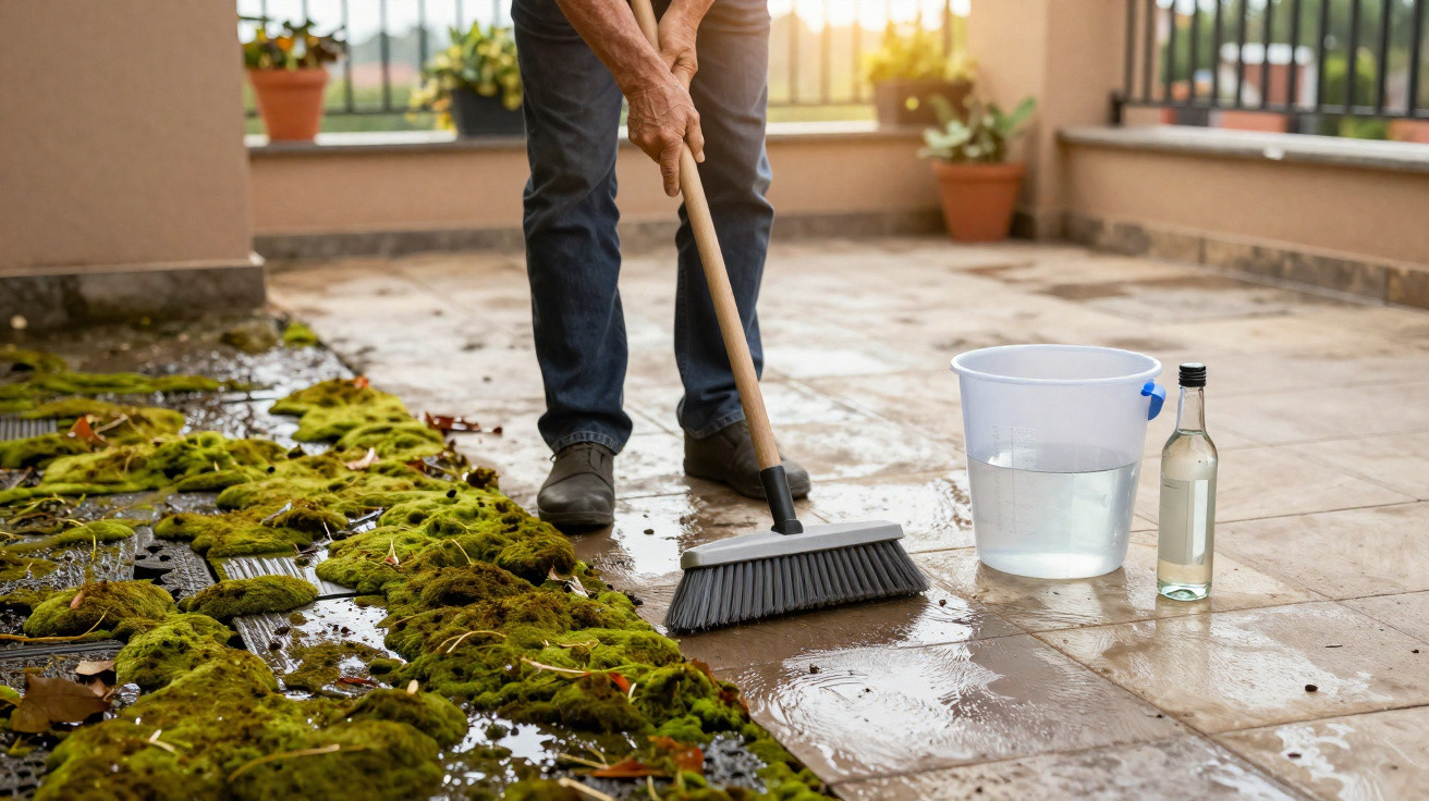 Person scrubbing an outdoor tiled floor with a brush beside a bucket of water and a bottle.