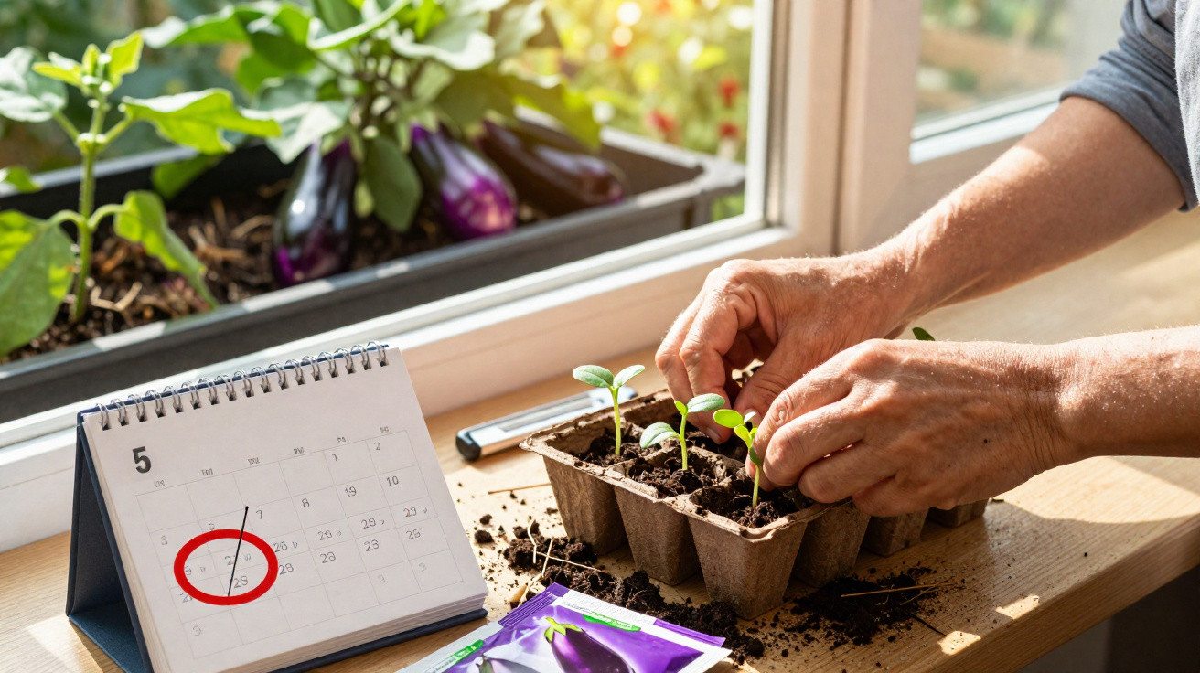 Hands planting seedlings in a tray next to a calendar with a date circled, near a window with eggplants outside.