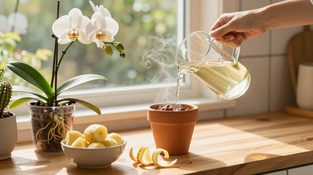 Hand pouring hot water into a terracotta pot for plant propagation on a sunny wooden windowsill.