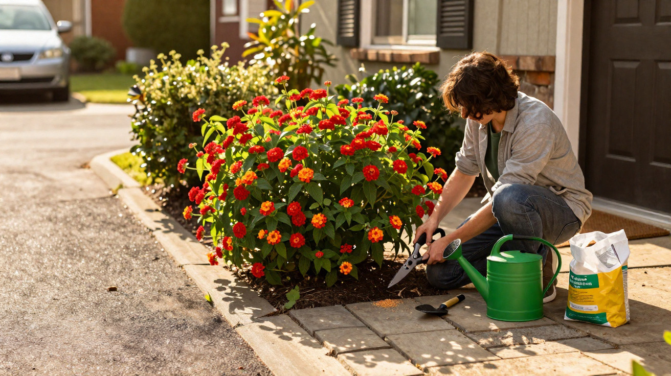 Person kneeling on patio tending to a flowerbed with red and orange blooms outside a house.